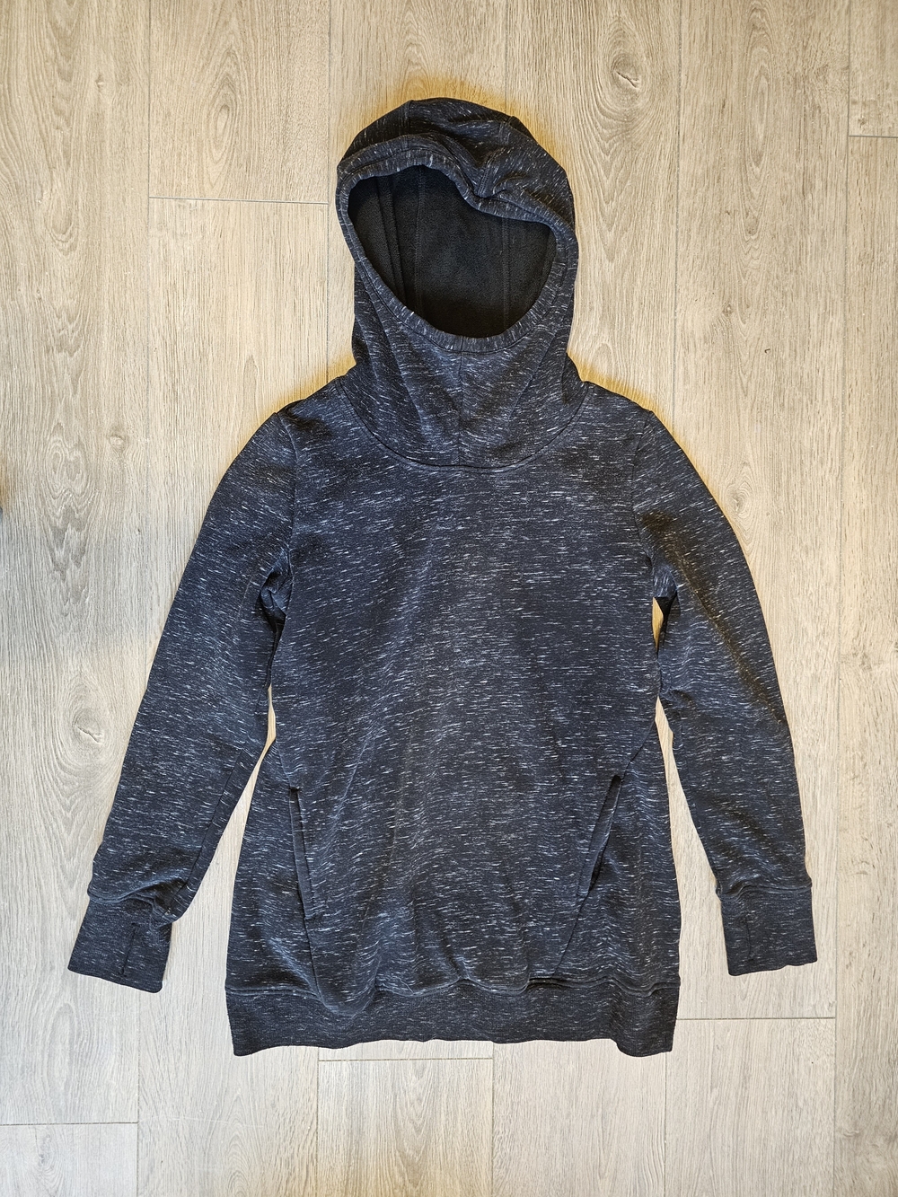 Women's Tunic Length Black Marled Hooded Pullover Sweatshirt